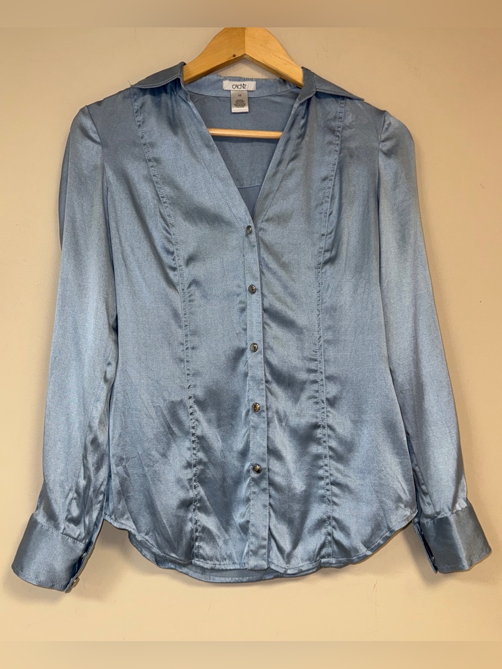 CACHE Satin Blouse Women's XS Long Sleeve Button Front Shirt Slate Blue Work